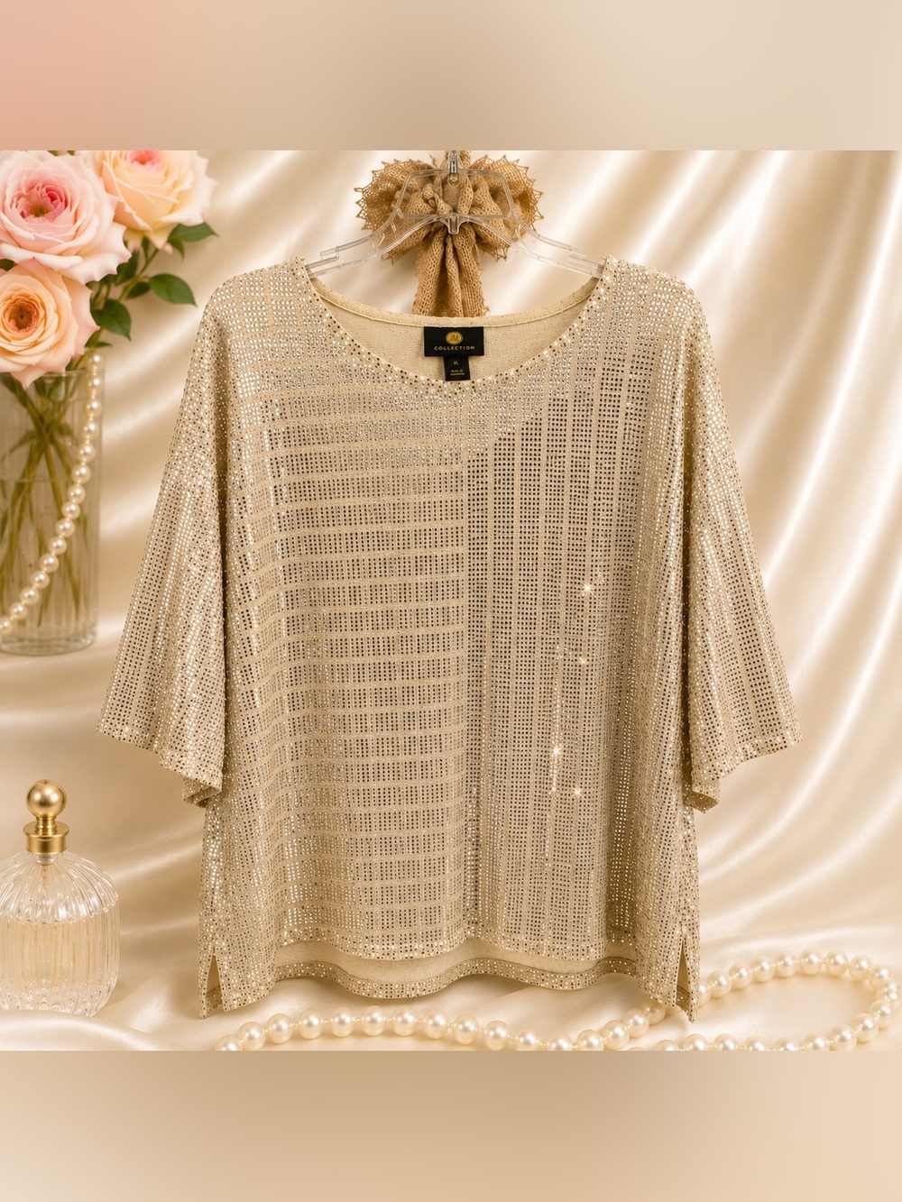 JM Collection XL Champagne Sequin Tunic Top Drop Shoulder Glam Blouse NWOT